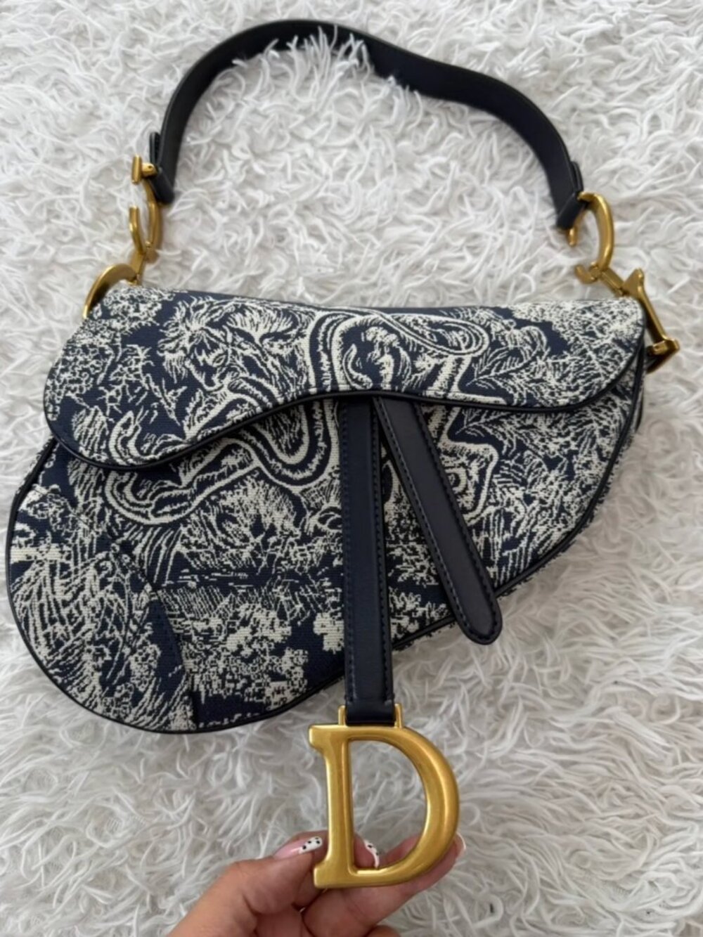 Christian Dior Toile De Jouy Saddle Bag Embroidered Canvas Medium Blue